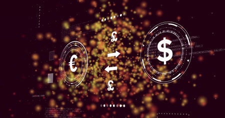 Featuring currency exchange floating in digital interface, with Euro, Dollar, Pound icons. Finance, digital, technology, currency, holographic, futuristic, dataの写真素材