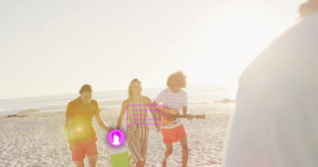 Walking friends in swimwear carrying board playing guitar, holding hands at sandy shoreline sunset. Beach, shoreline, sunset, friendship, leisure, casual, adventureの写真素材