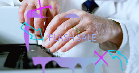 Suited senior typing on keyboard at office desk, with gold wedding ring and flash sale overlay. Business, technology, sophistication, professionalism, office, productivity, digitalの写真素材