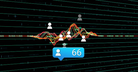 Floating blue alert showing 66 on analytics dashboard, with grid and graph lines, labels and icons....
