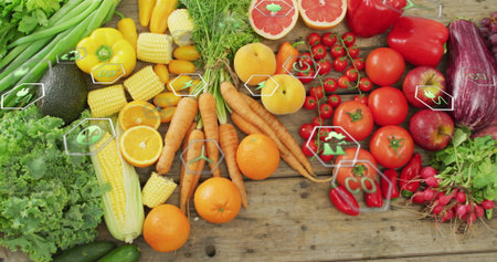 Displaying wooden tabletop featuring fresh lettuce, avocado, tomatoes, carrots and eco icons....