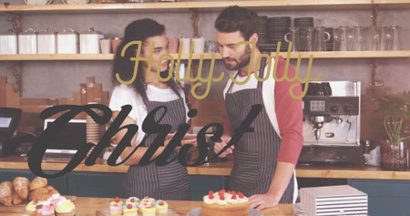 Consulting digital tablet, cafe staff reviewing orders at bakery counter, with cupcakes and cake....