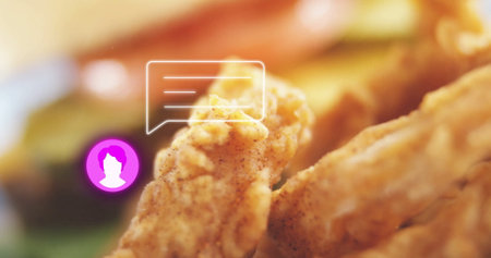 Displaying fried chicken pieces on plate, showing green garnish, speech icon and purple avatar icon. Crispy, breaded, savory, snack, appetizer, cuisine, gastronomicの写真素材