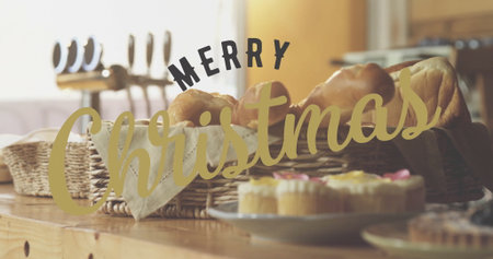 Featuring wicker basket holding croissants and rolls in kitchen, with cupcakes, Christmas greeting. Bakery, breakfast, rustic, festive, homely, pastel, cozyの写真素材