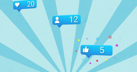 Displaying heart, user and thumbs-up notification icons floating in UI background, with confetti....
