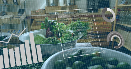 Showcasing metal display bowls holding lettuce, kale, limes in produce aisle, with data overlays....
