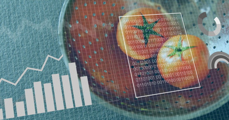 Displaying metal colander holding halved tomatoes on blue countertop, with grid and binary overlays....