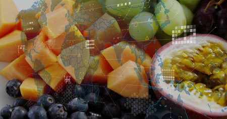 Showing melon cubes, green grapes, blueberries, halved passion fruit in studio with digital overlay. Fresh produce, health, organic, technology, data visualization, modern, vibrantの写真素材
