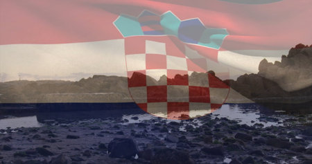 Displaying transparent checkerboard crest overlaying rocky shoreline with tide pools under pink sky. Seascape, coastline, tidepools, geology, marine, emblem, layeredの写真素材