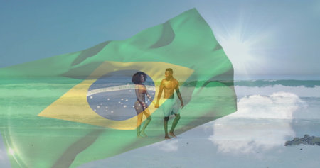 Walking couple in blue swimwear holding hands on Brazilian beach, with translucent flag overlay. Beach, seaside, vacation, leisure, summer, harmony, natureの写真素材