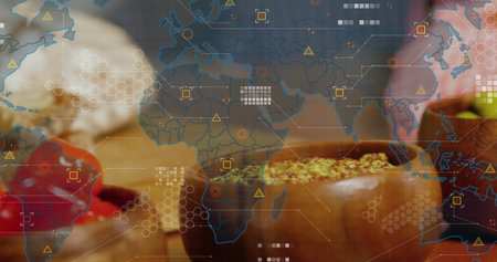 Presenting wooden bowl holding seed spice mix on kitchen counter with chili peppers and map overlay. Cooking, culinary, ingredients, spiceblend, kitchenware, digitalart, gourmetの写真素材