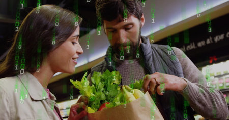 Examining couple holding grocery bag with lettuce bananas peppers in store aisle, binary overlay. Market, technology, freshness, digital, shopping, healthy, consumerの写真素材