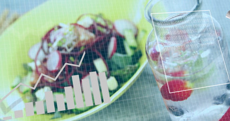 Displaying salad bowl with greens and cheese near infused water jar, under overlay charts and code. Healthy, nutrition, organic, wellness, data visualization, digital interface, freshの写真素材