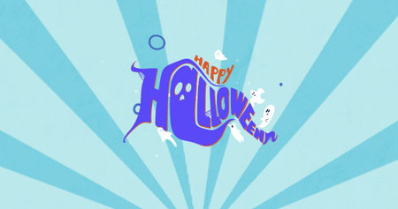 Displaying stylized Happy Halloween lettering on radial burst, with ghost illustrations and circles. Celebration, festive, cartoon, graphic, vibrant, playful, seasonalの写真素材