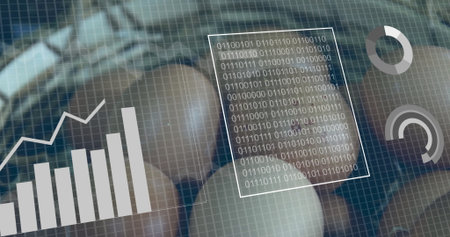 Displaying bar chart trend line, binary code panel and circular gauges on interface grid overlay. Technology, analytics, dashboard, innovation, digital, data, futuristicの写真素材