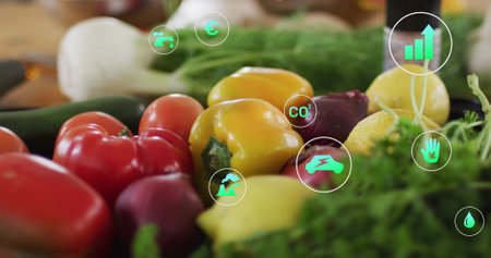 Displaying bell peppers, tomatoes, radishes, cucumber, onions, herbs on wood counter with eco icons. Sustainability, organic, eco-friendly, agriculture, digital, health, freshnessの写真素材