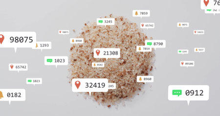 Displaying pink-beige salt pile on white surface with floating red pins, green bubbles, alert bells....