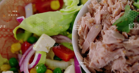 Displaying white bowl holding tuna flakes on kitchen counter, with lettuce onion cheese, copy space. Freshproduce, gourmet, healthy, minimalist, culinary, digitalart, nutritionの写真素材