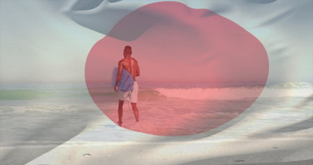 Stepping shirtless man in board shorts holding blue bodyboard at beach shore, Japanese flag overlay. Athlete, summertime, aquatic, adventure, leisure, outdoor, energeticの写真素材