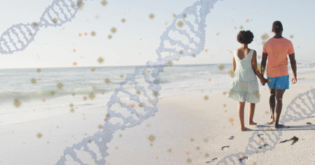 Walking couple in beach clothes holding hands along sandy beach, with DNA helix and golden sparkles....