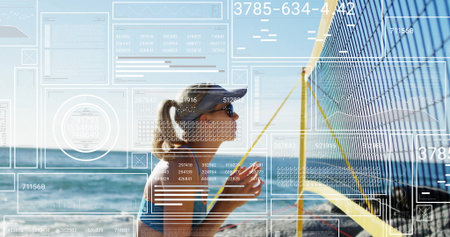 Standing beach volleyball player in blue top and sunglasses by net, tech overlay, copy space....