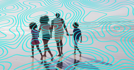 Walking family in swimsuits casting reflections on wet sand at beach edge, with shallow ocean water. Family, beach, reflection, shoreline, leisure, outdoor, horizonの写真素材