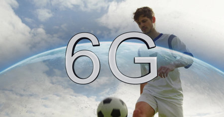 Kicking soccer player in white-blue uniform on soccer field, with soccer ball, 6G globe, copy space....