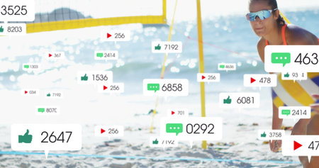 Volleyball player defending in orange top on beach court, with yellow net, media icons, copy space. Athlete, sports, outdoor, vibrant, active, competition, fitnessの写真素材