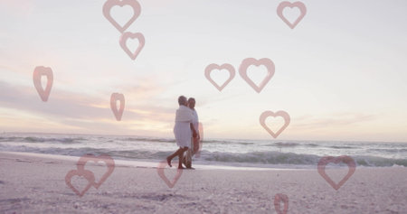 Walking couple in summer attire hugging on beach at dusk, with waves, pastel sky, heart overlays. Romantic, serenity, connection, relaxation, twilight, horizon, leisureの写真素材
