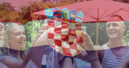 Four adults clinking beer bottles on patio near pool under red umbrella, with Croatian flag overlay. Celebration, friendship, outdoor, leisure, vibrant, summertime, unityの写真素材