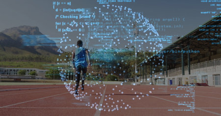 Teen athlete in sportswear running down center lane on track, with floating code overlay. Sports,...