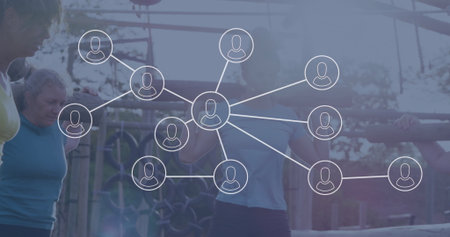 Gripping wooden bar, five women exercising at outdoor fitness park, displaying network overlay. Outdoor, fitness, community, collaboration, strength, vitality, healthの写真素材