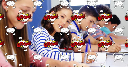 Writing students holding pens, leaning over notebooks at classroom desks with comic BOOM! pattern....
