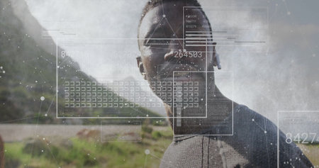 Scanning holographic data display, runner in athletic shirt wearing wireless earbud on misty hill....