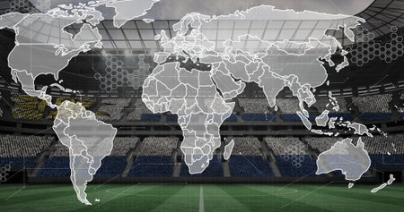 Displaying translucent overlay with white continent outlines and hexagonal grid over stadium pitch....