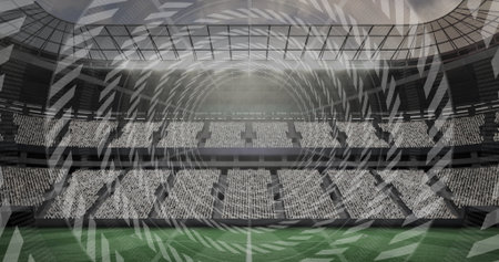 Displaying sports stadium showcasing lush green turf, white field markings, swirl graphic overlay. Stadium, arena, sports, outdoor, architecture, design, spectacleの写真素材
