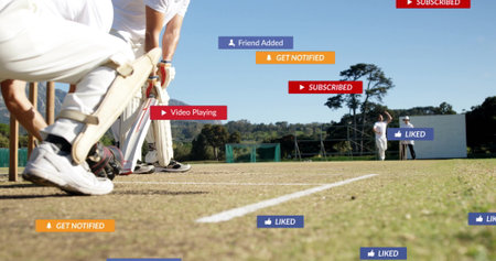 Crouching batsman holding bat waiting to hit ball on grass pitch, with notifications, copy space. Athletics, sports, competition, outdoor, active, technology, digitalの写真素材