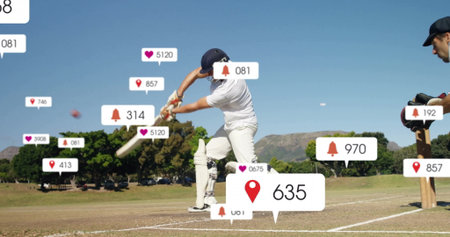 Cricket batter wearing helmet swinging bat on grass pitch with red ball, floating icons. Athletes,...