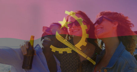 Smiling friends taking selfie at sandy beach wearing sunglasses, with smartphone and beer bottle. Summer, leisure, adventure, camaraderie, portrait, outdoor, casualの写真素材