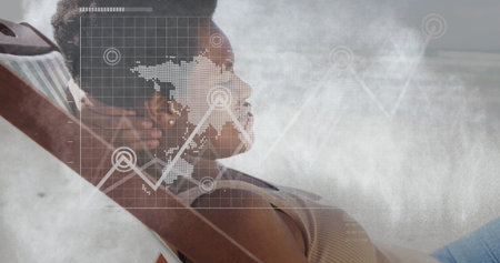 Reclining Black woman wearing beige top on beach, showing map and graph overlays, copy space. Synthwave, futurism, relaxation, wellness, tranquility, digital art, serenityの写真素材