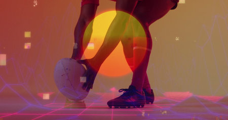 Crouching athlete in red jersey gripping soccer ball on LED grid floor, with glowing orb, pixels. Dynamic, futuristic, sports, digital, intensity, performance, innovationの写真素材