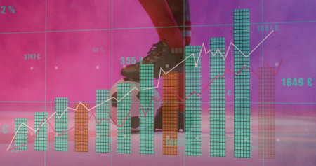 Stepping man's legs wearing red socks, black shoes on soccer ball in studio, with chart overlays. Athleticism, performance, analytics, innovation, fitness, data visualization, motivationの写真素材