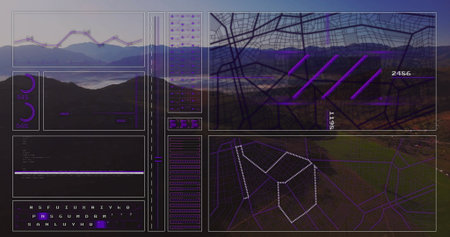 Overlaying interface panels over mountain valley lake, showing graphs, dials, code text and map. Futuristic, technology, data, visualization, innovation, ecology, outdoorの写真素材