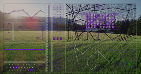 Displaying digital data overlaying grassland, with line chart, map grid and data columns. Nature,...