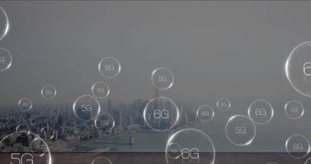 Floating large translucent sphere labeled 6G above platform at waterfront skyline, with 5G theme. Futuristic, connectivity, innovation, urban, technology, skyline, digitalの写真素材