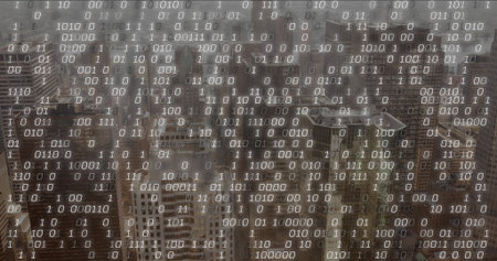Revealing hazy city skyline through high-level window, with binary digit overlay on glass pane....
