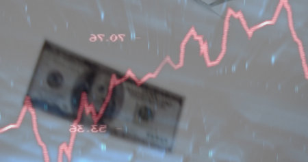 Displaying US dollar bill under red fluctuating line graph on data dashboard, with numeric labels....