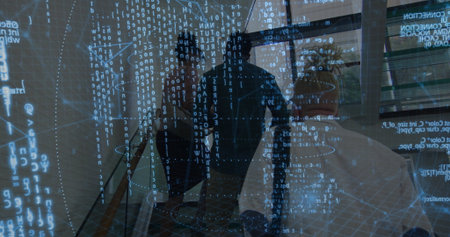 Walking trio of professionals navigating modern office lobby with backpacks, digital projections. Corporate, technology, modern, teamwork, innovation, sleek, futuristicの写真素材