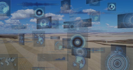 Displaying translucent HUD panels over plowed fields under blue sky with charts and map icons....