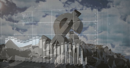 Showing oversized metal currency symbols on rocky terrain, with 3D grid, market charts with labels. Finance, economics, investment, analysis, data visualization, industry, financial marketの写真素材